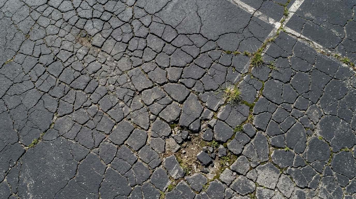 Severe alligator cracking pattern in Sarasota parking lot showing interconnected web of structural cracks Severe alligator cracking pattern in Sarasota parking lot showing interconnected web of structural cracks
