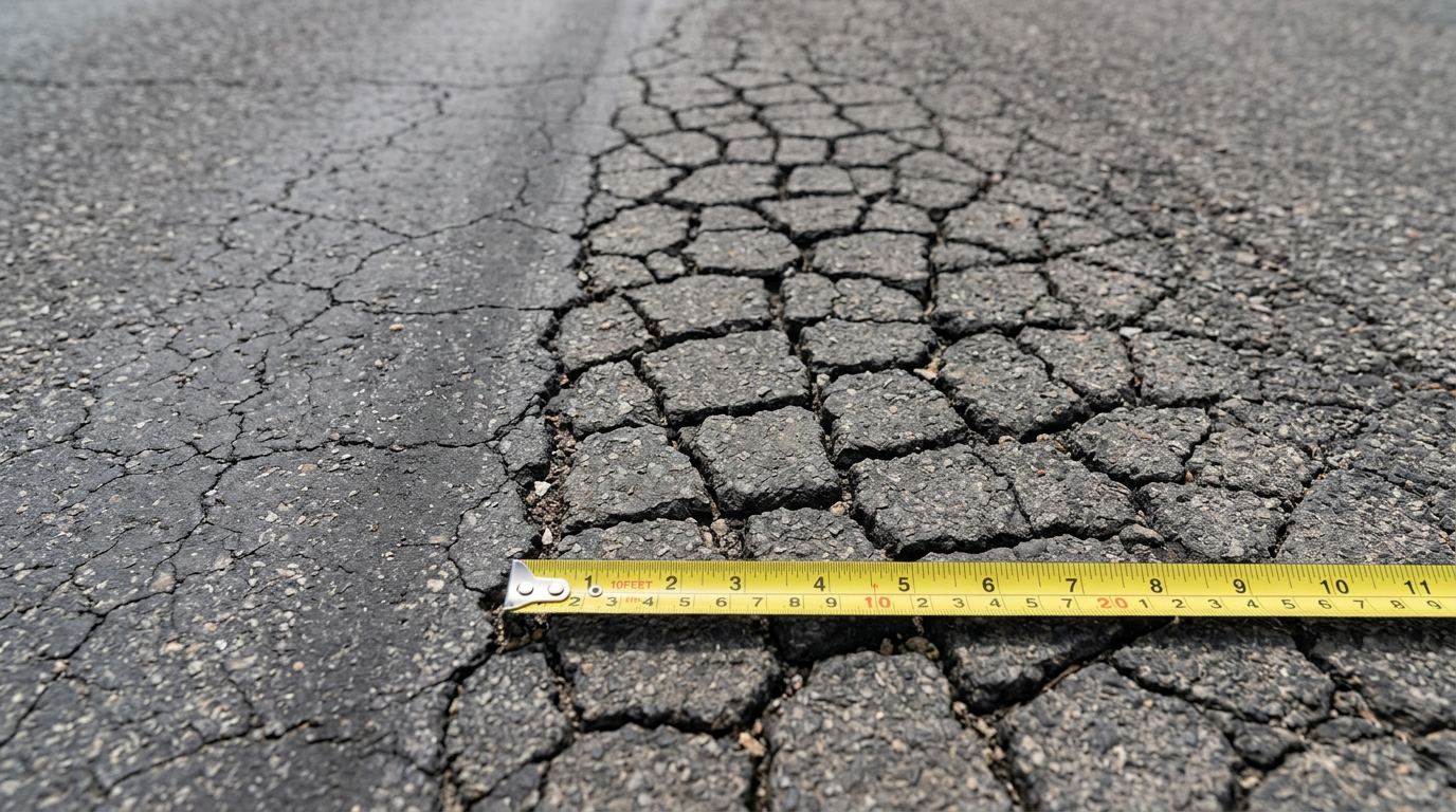Close-up view of alligator cracking pattern in parking lot asphalt with measurement scale Close-up view of alligator cracking pattern in parking lot asphalt with measurement scale