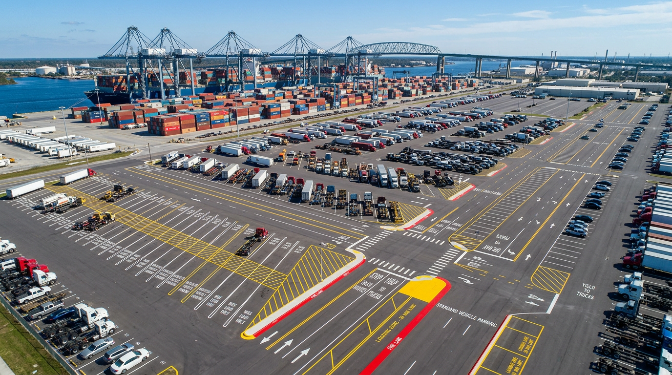 Aerial view of Jacksonville port area showing industrial parking lots with heavy-duty professional striping for truck traffic