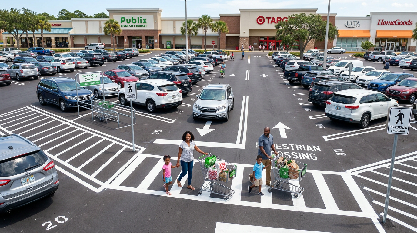 Customers safely navigating well-striped Jacksonville shopping center parking lot with clear markings and organized spaces