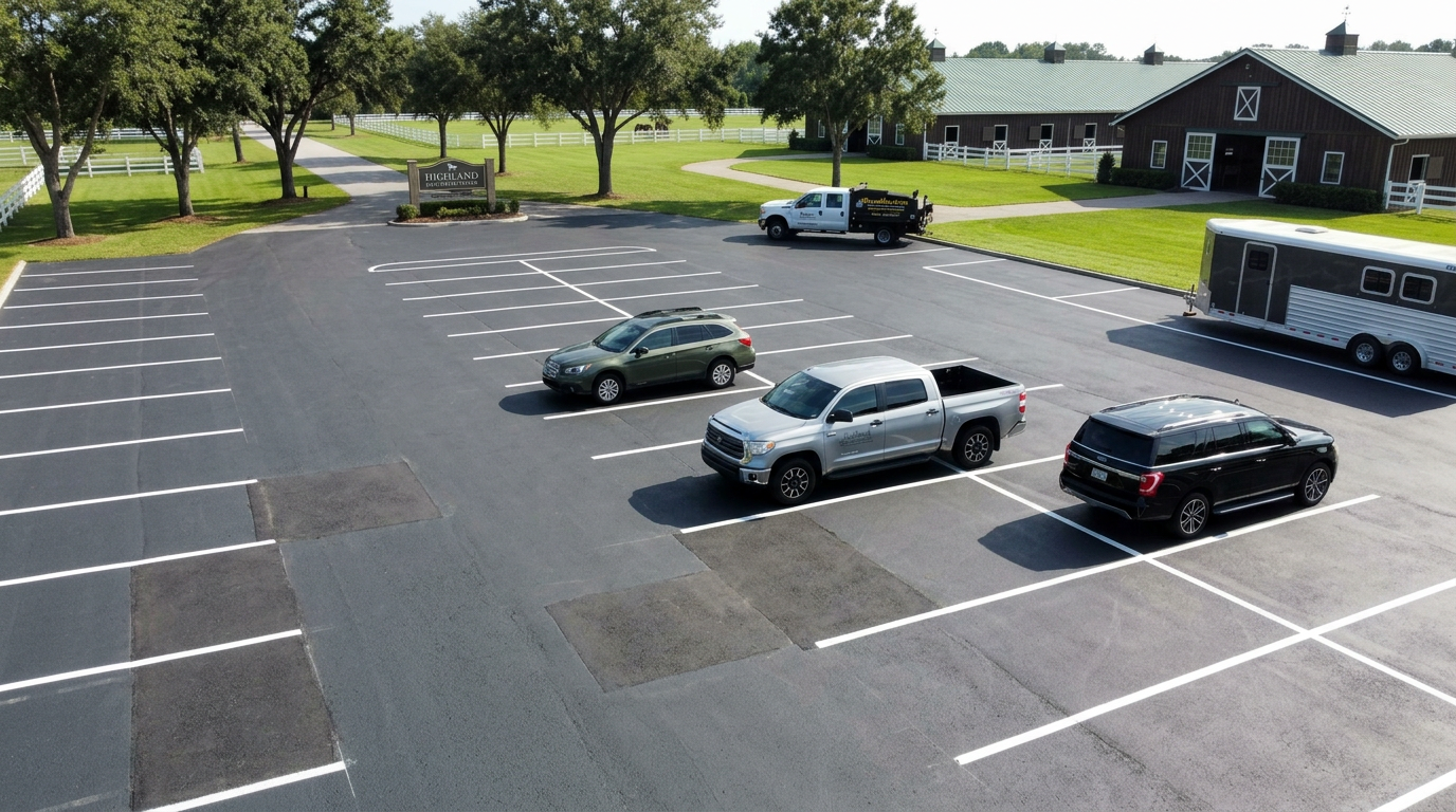 Beautifully maintained parking lot showing successful long-term results of professional hot mix patching Beautifully maintained parking lot showing successful long-term results of professional hot mix patching
