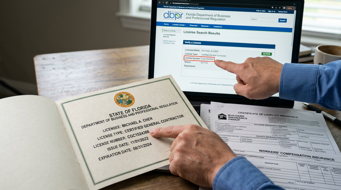 Close-up view of official Florida contractor license certificate and insurance documents laid out on a desk, with a computer screen showing the Florida Department of Business and Professional Regulation website verification page. A hand points to the license number on both the physical certificate and the online verification, demonstrating the credential checking process.