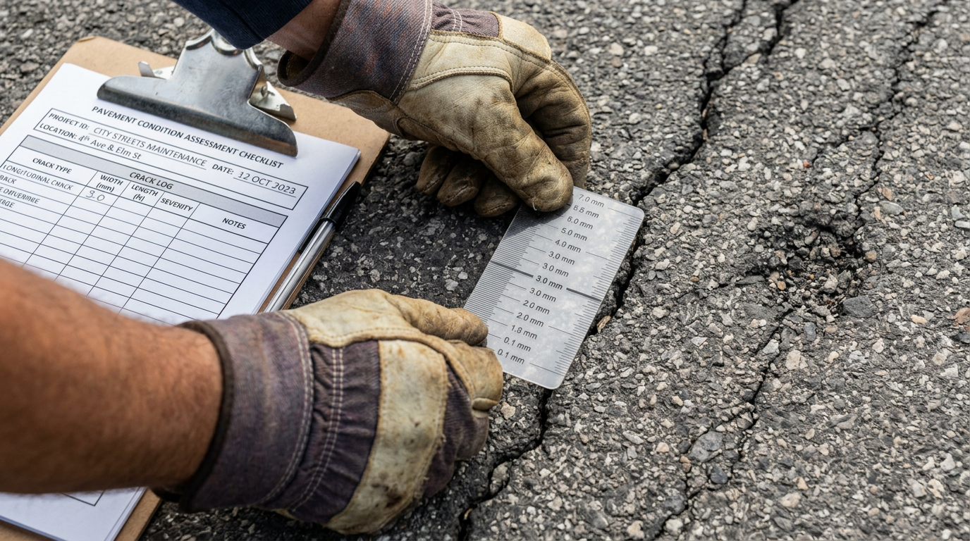 Close-up view of hands wearing work gloves using a measuring tool to assess crack width in asphalt, with a clipboard showing assessment checklist visible in the frame. The asphalt surface shows various types of distress including linear cracks and surface wear patterns. Close-up view of hands wearing work gloves using a measuring tool to assess crack width in asphalt, with a clipboard showing assessment checklist visible in the frame. The asphalt surface shows various types of distress including linear cracks and surface wear patterns.