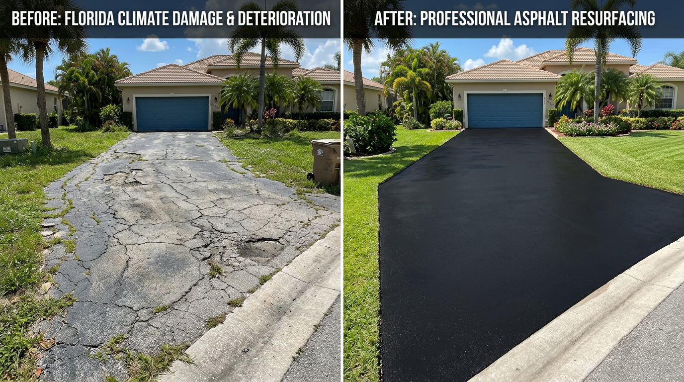 Split-screen comparison showing the same residential driveway - left side displays significant cracking, surface deterioration, and wear patterns typical of Florida climate damage, while right side shows the same driveway after professional repair with smooth, dark asphalt surface and clean edges. Split-screen comparison showing the same residential driveway - left side displays significant cracking, surface deterioration, and wear patterns typical of Florida climate damage, while right side shows the same driveway after professional repair with smooth, dark asphalt surface and clean edges.