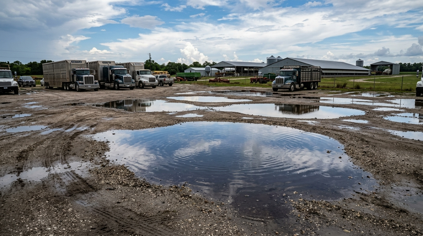 Standing water puddles in Arcadia agricultural facility parking lot showing drainage problems Standing water puddles in Arcadia agricultural facility parking lot showing drainage problems