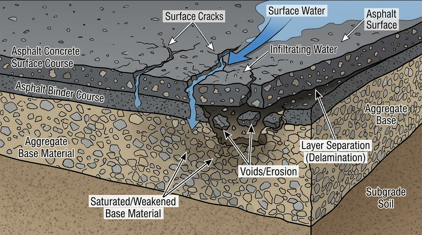Cross-section showing water damage to asphalt pavement structure and base material Cross-section showing water damage to asphalt pavement structure and base material