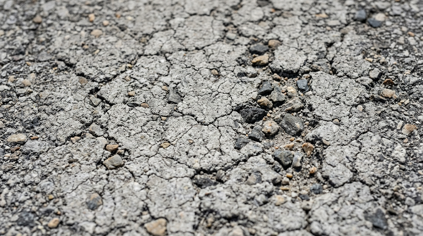 Detailed close-up view of severely UV-damaged asphalt showing the gray, oxidized surface texture typical of Florida sun damage. Visible aggregate stones peek through the deteriorated binder, and small cracks spider across the brittle surface.
