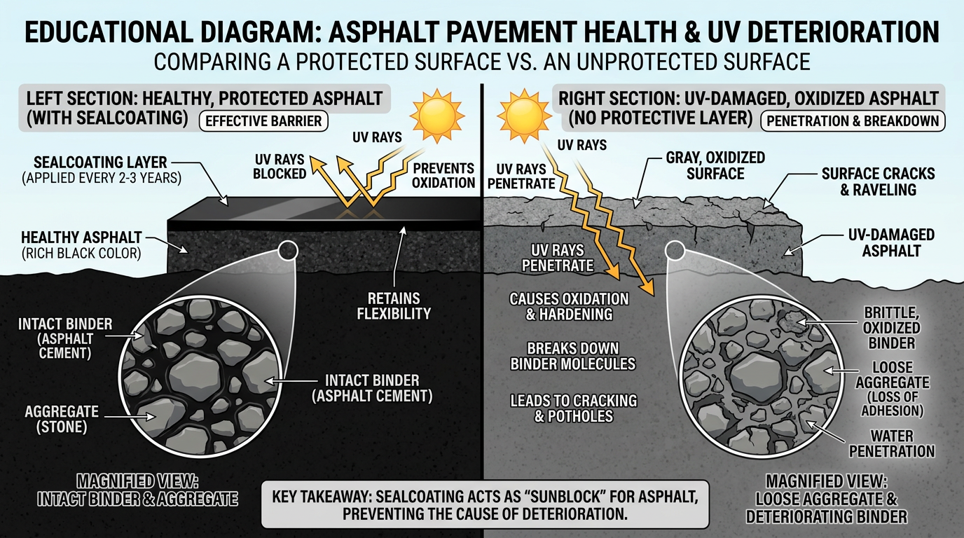 Educational diagram showing how UV rays damage asphalt and how sealcoating provides protection