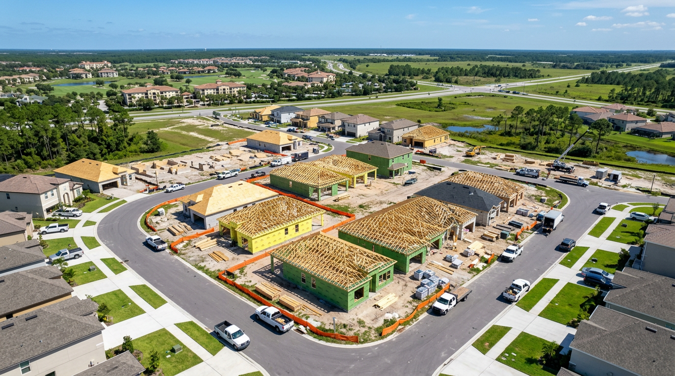 Aerial view of Davenport's booming vacation home construction market near resort communities