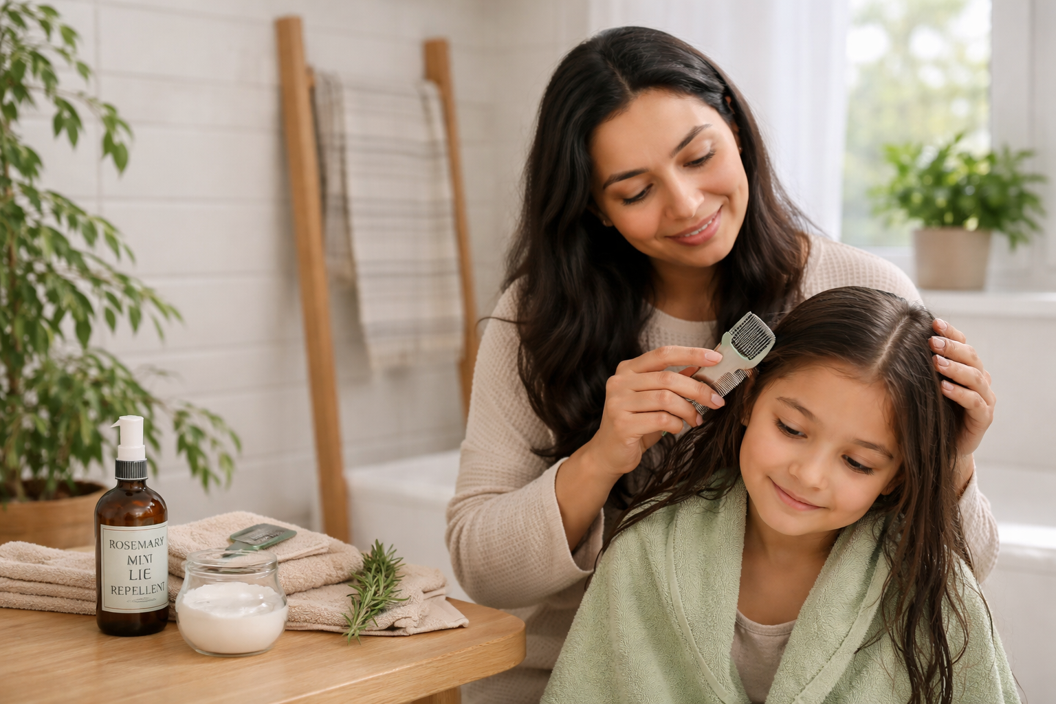 A mother combing her daughter's hair