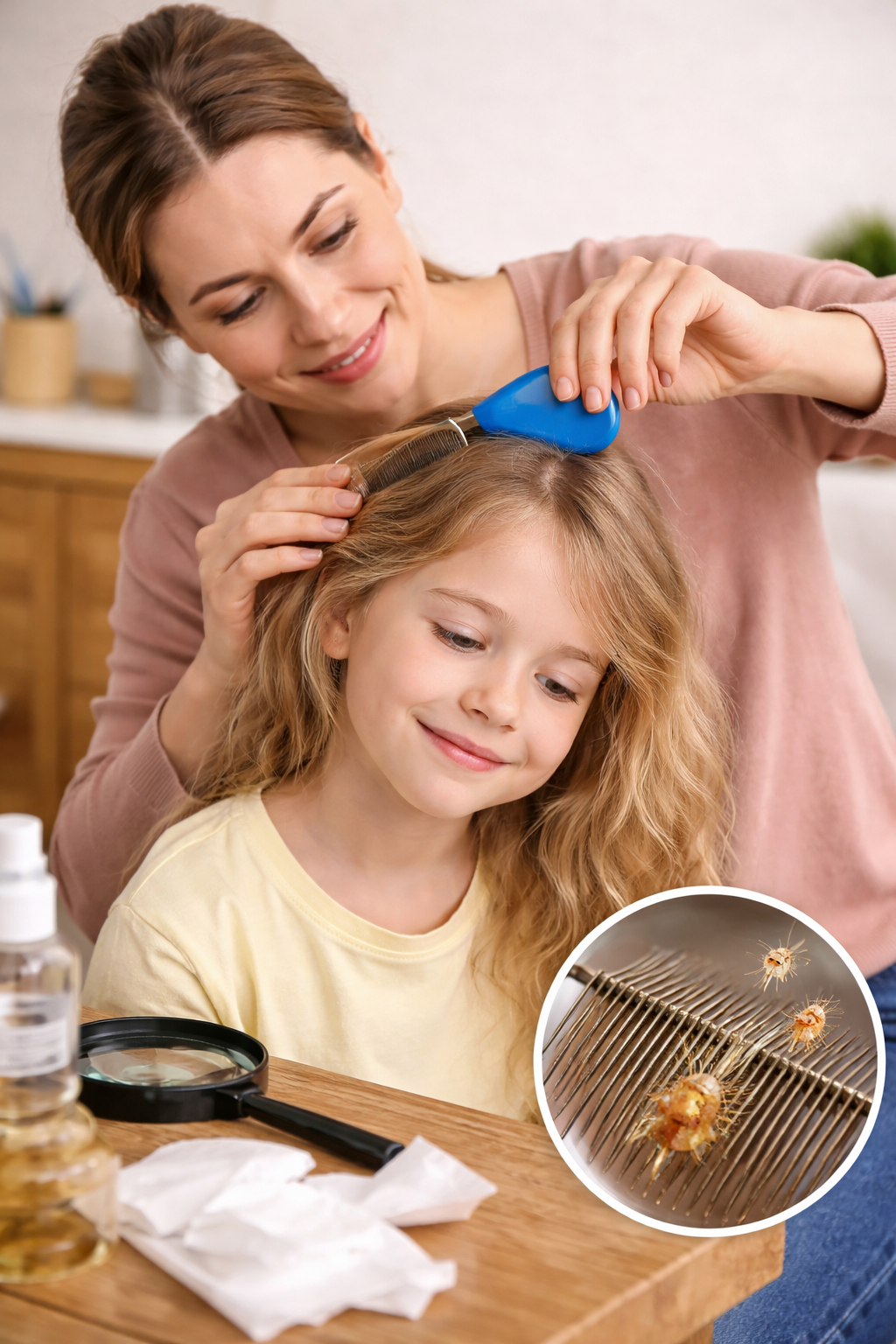 Mother checking daughter's hair for lice
