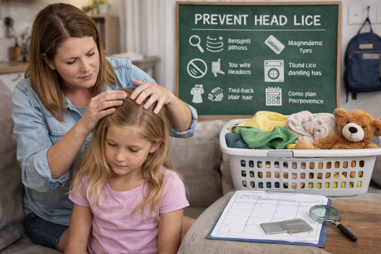 Head lice check in a cozy living room Head lice check in a cozy living room