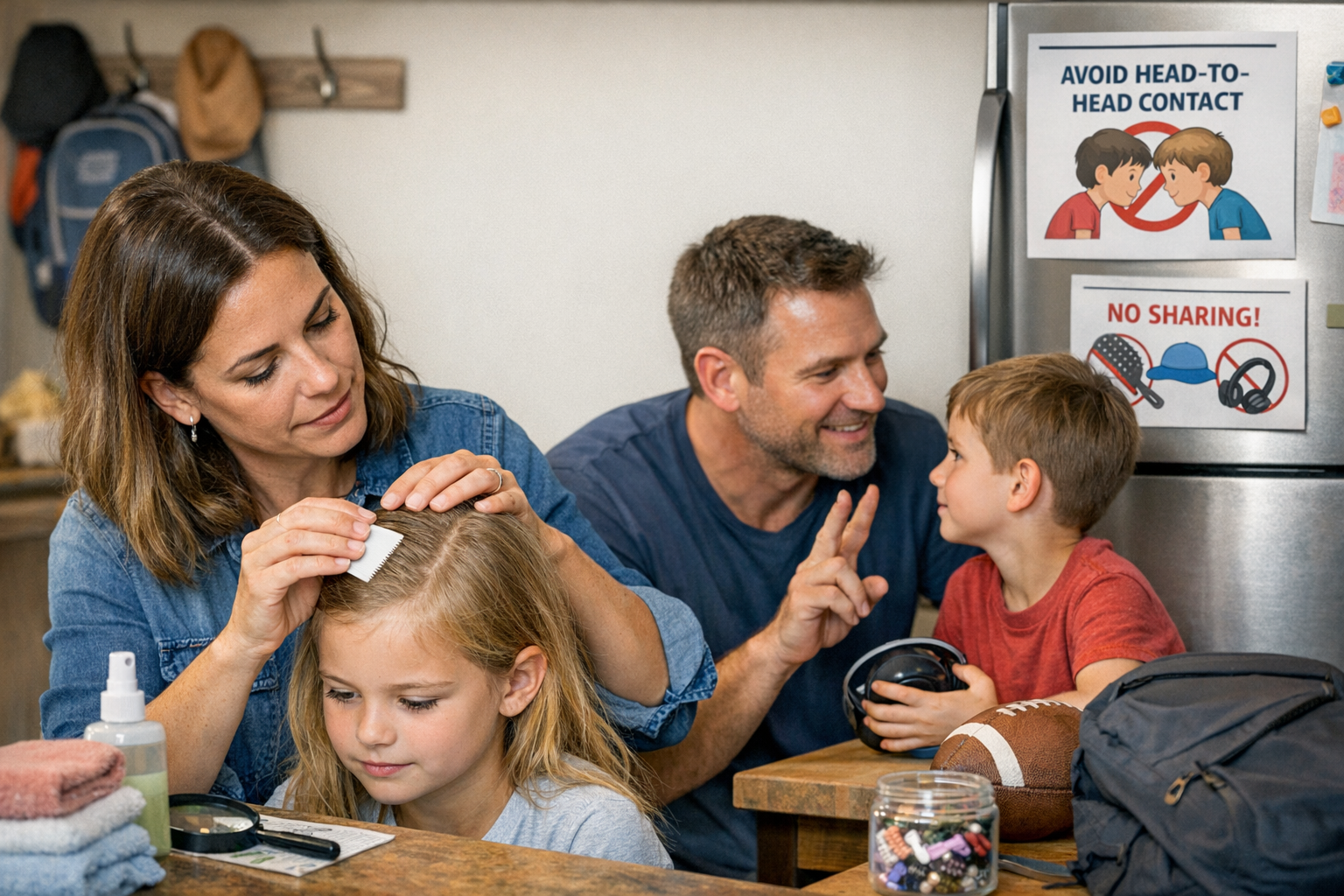 Family tackling head lice prevention at home