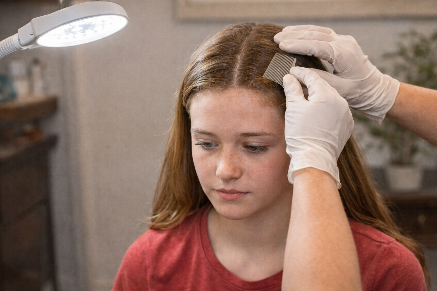 Lice check with bright lamp lighting