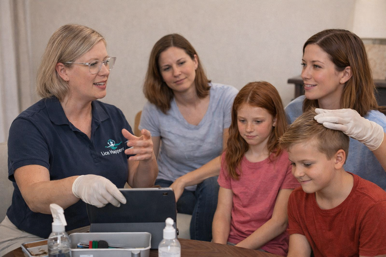 Lice treatment session in progress
