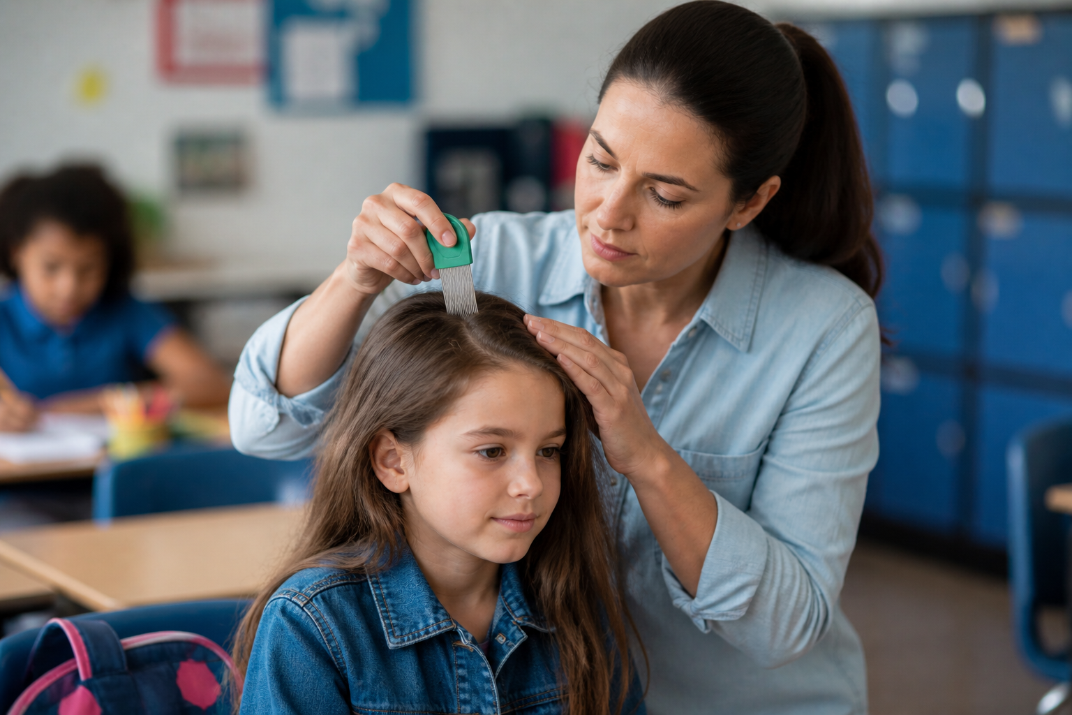 Parent or School Nurse Checking Child’s Hair for Head Lice in a School Environment