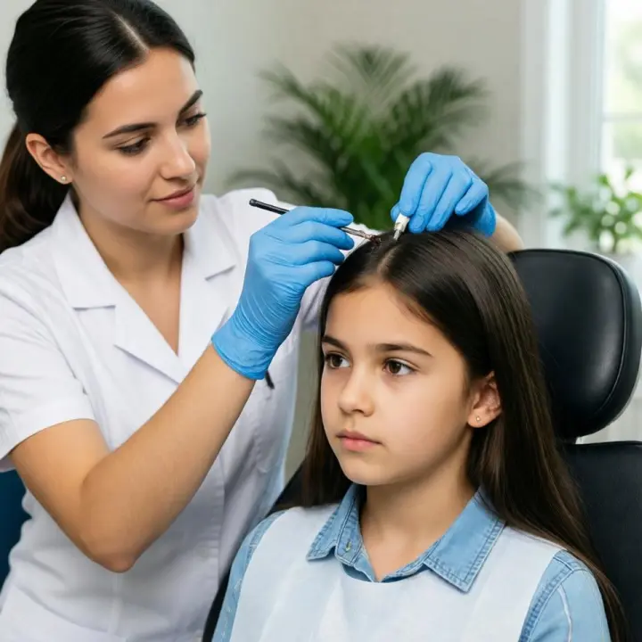 Professional mobile lice specialist performing a head lice screening in an Atlanta home Professional mobile lice specialist performing a head lice screening in an Atlanta home