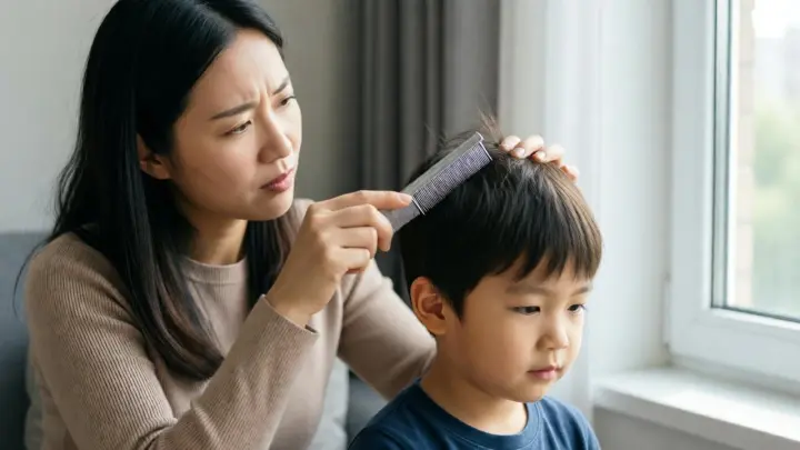 Parent checking a child's scalp for head lice using a professional nit comb at home Parent checking a child's scalp for head lice using a professional nit comb at home