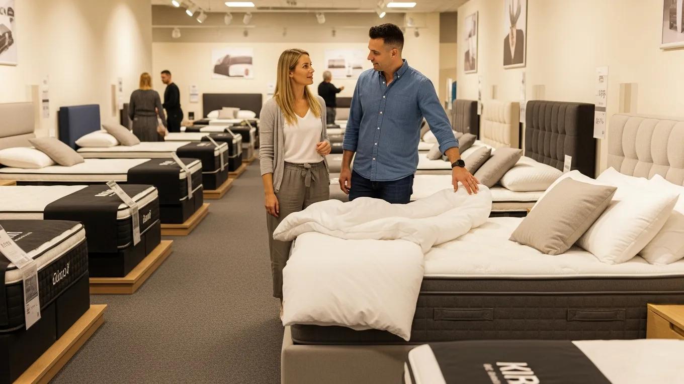 Couple discussing mattress options in a store to ensure satisfaction