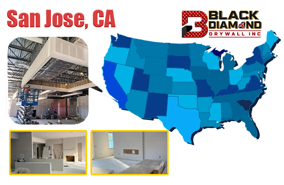 Map showing the 200-mile service area of Black Diamond Drywall centered on San Jose CA