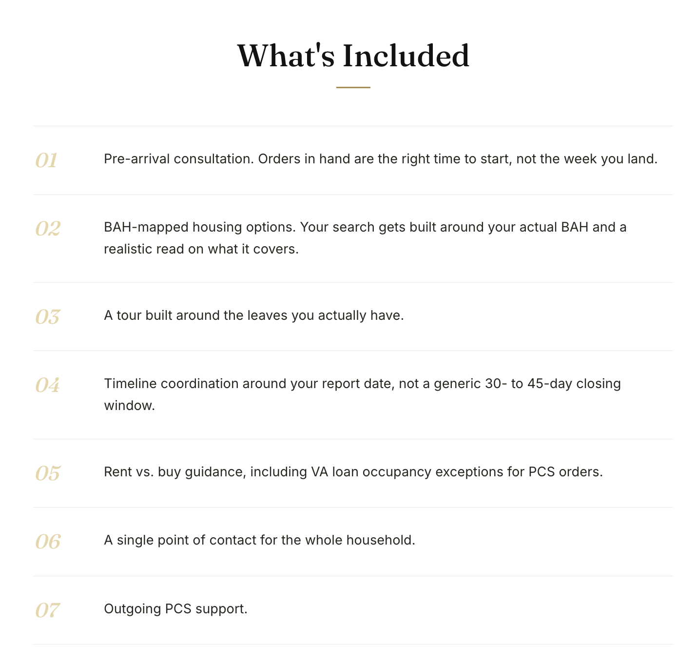 Service page inclusions