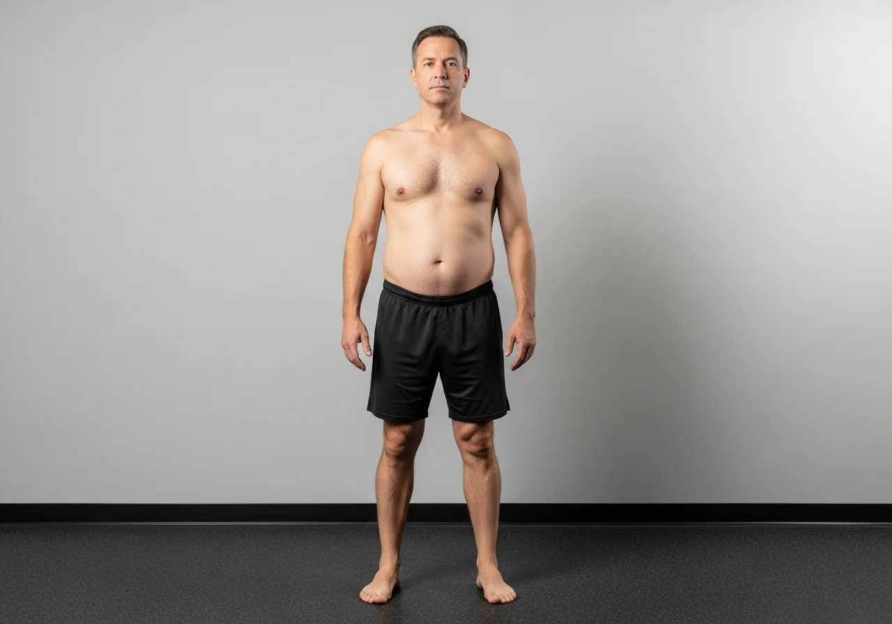 Client before the Iron Protocol — realistic starting point, approximately 28% body fat