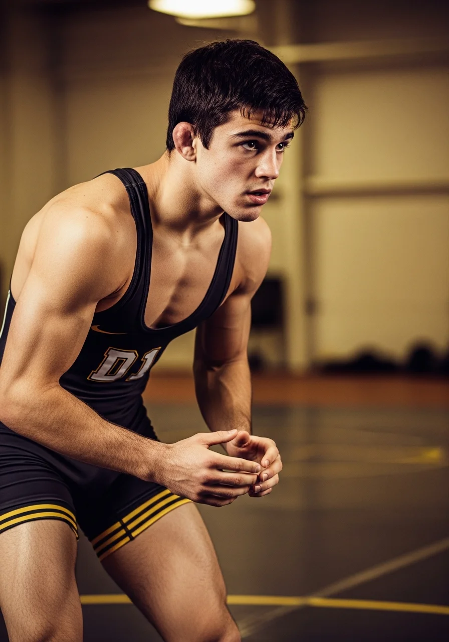 Marcus Reid during his Division 1 wrestling era — competitive stance on the mat