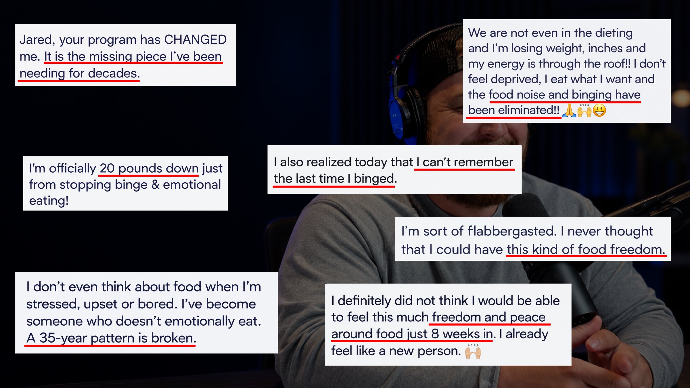 Screenshots of client messages describing their wins: losing weight, ending binge eating, and no longer thinking about food all day