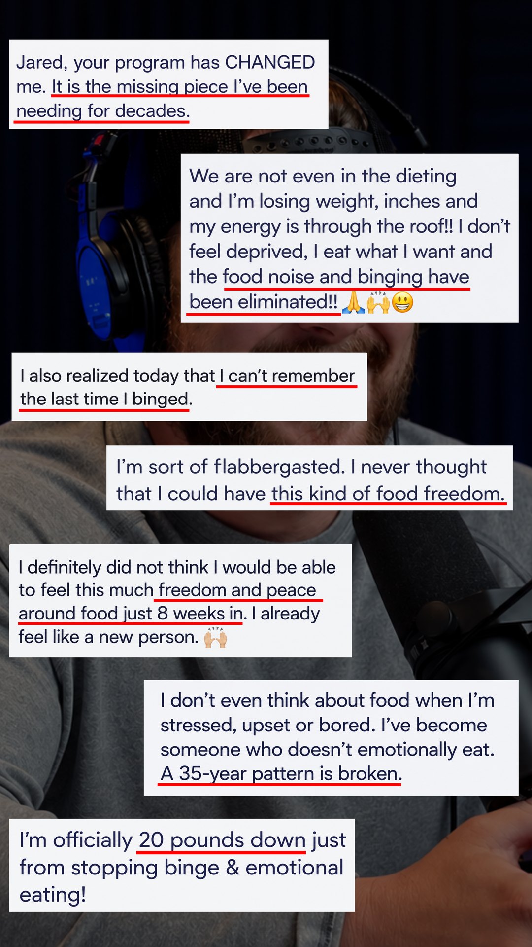 Screenshots of client messages describing their wins: losing weight, ending binge eating, and no longer thinking about food all day