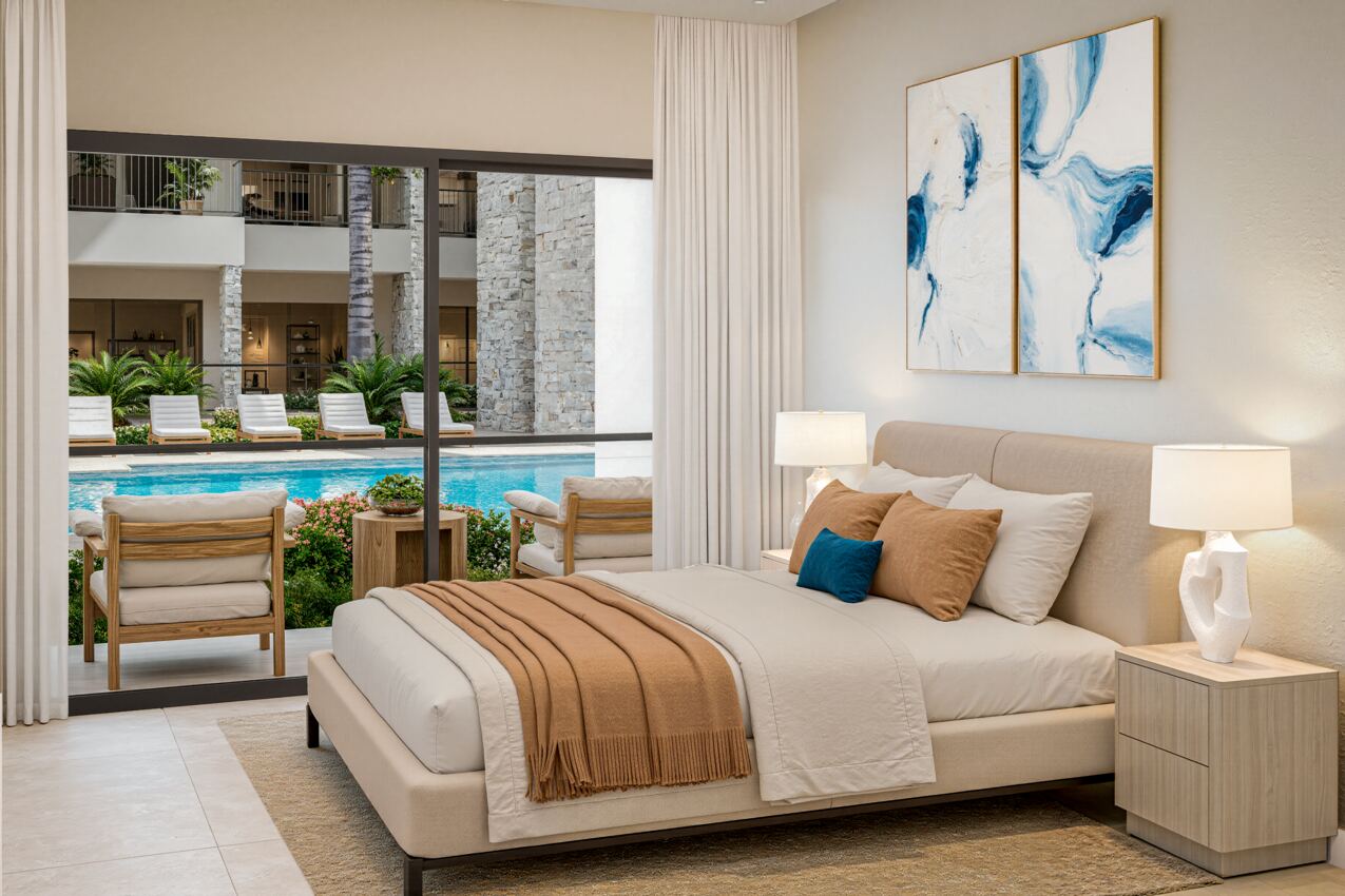 Habitación amueblada con vista a la piscina en Poseidonia