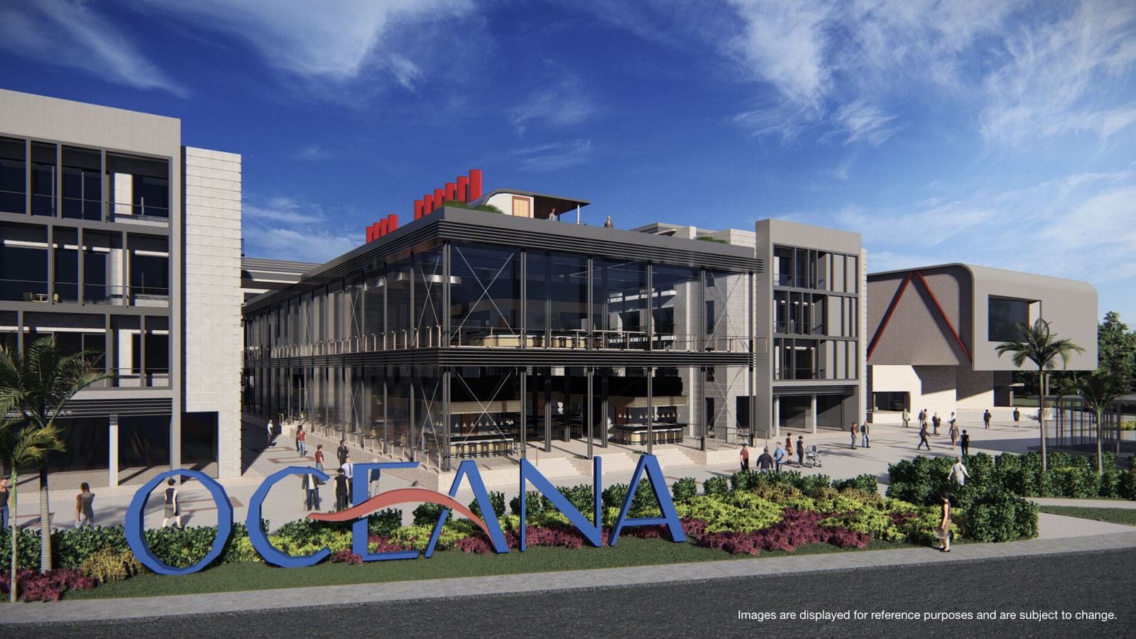 Fachada comercial de Oceana con business center y restaurantes