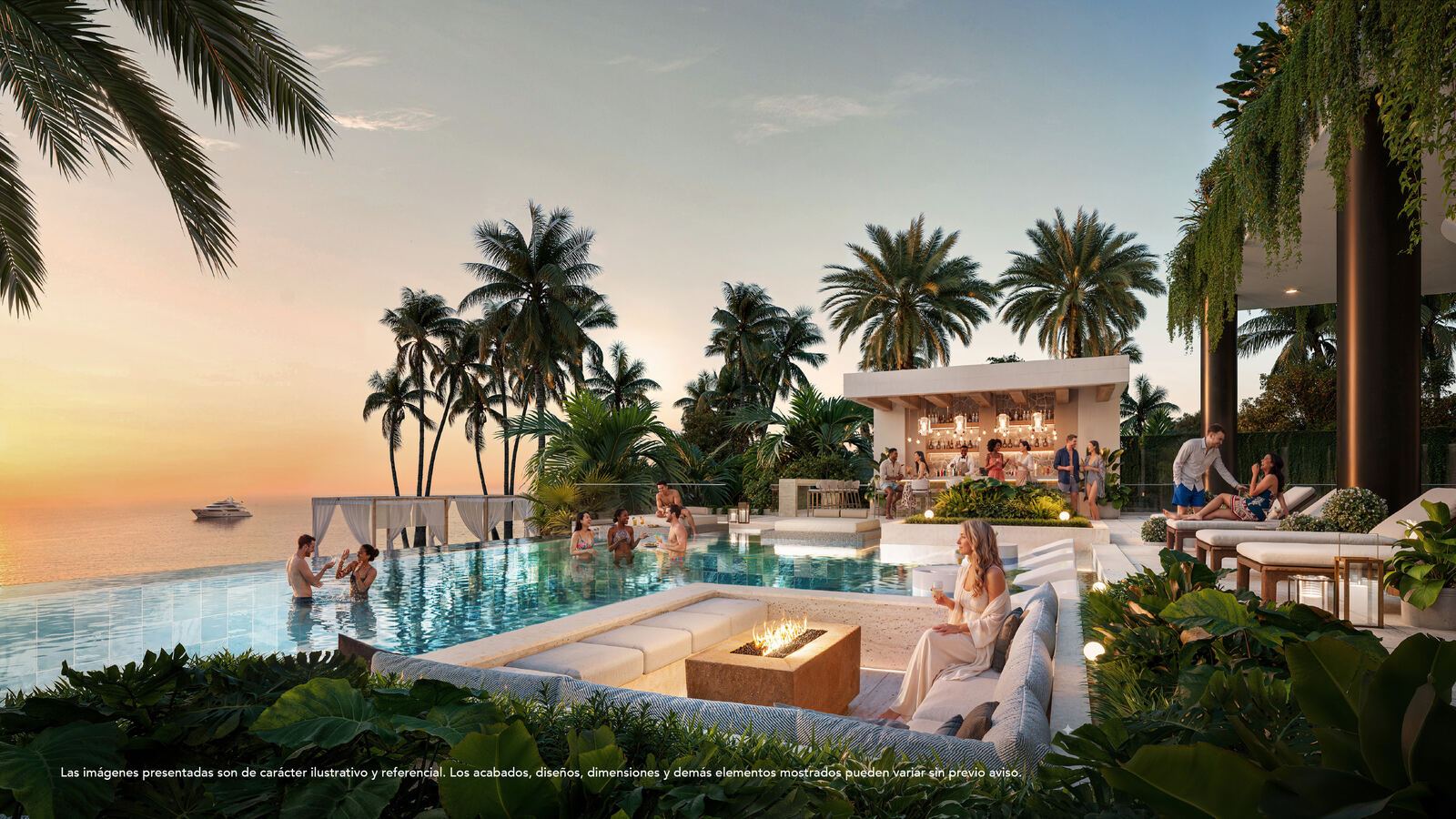 Piscina y lounge al anochecer