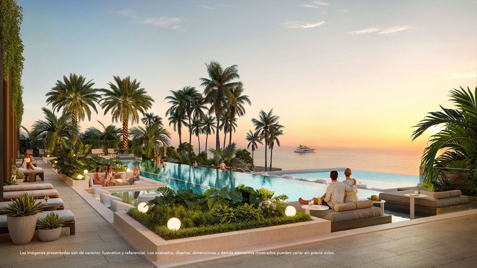 Piscina infinity al atardecer con vista al mar