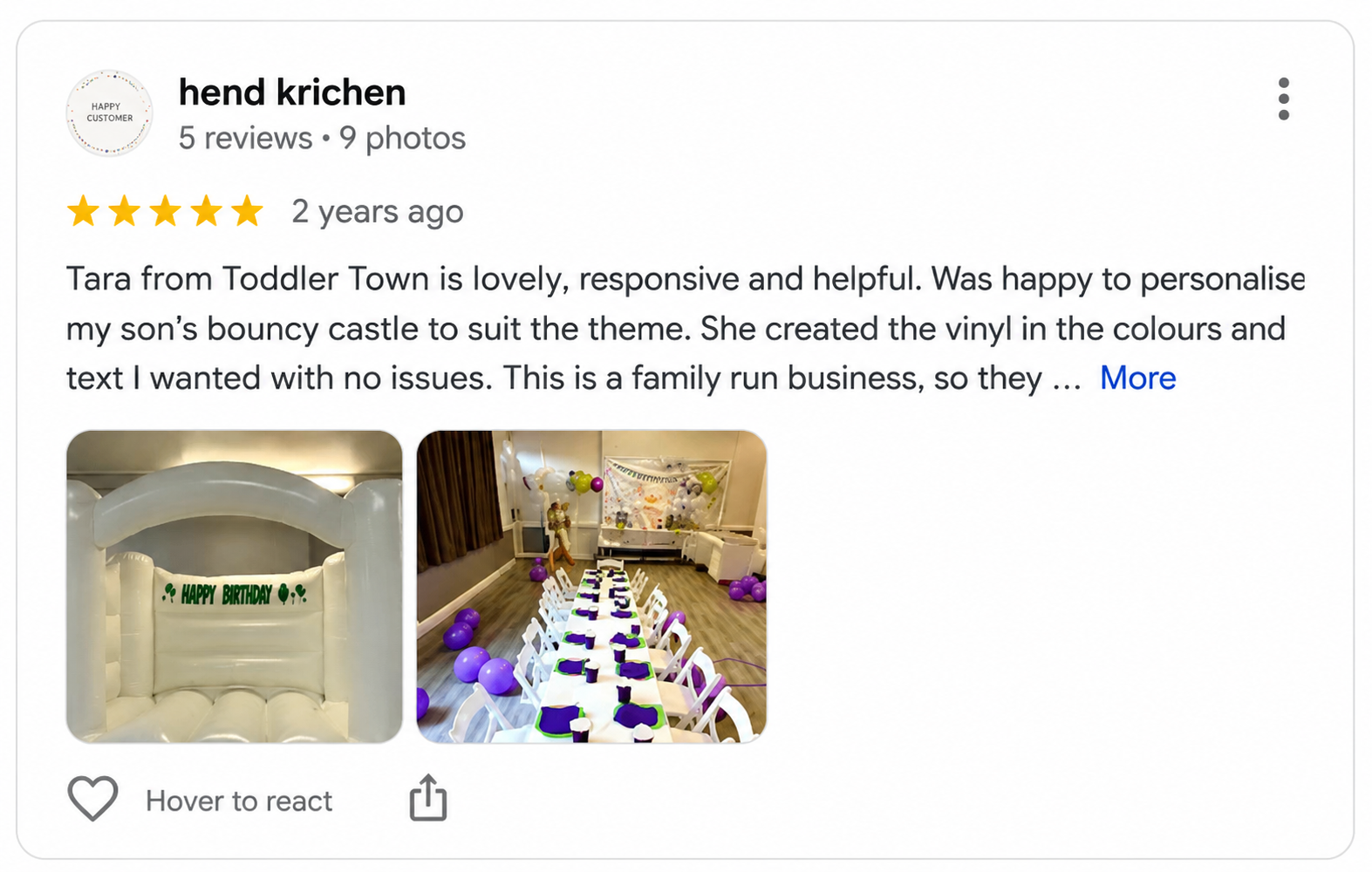 Google review for The Toddler Town Co