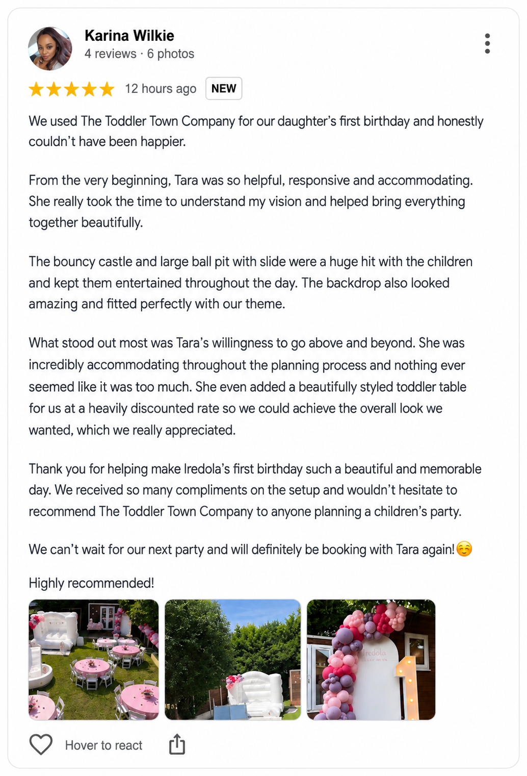 Google review for The Toddler Town Co