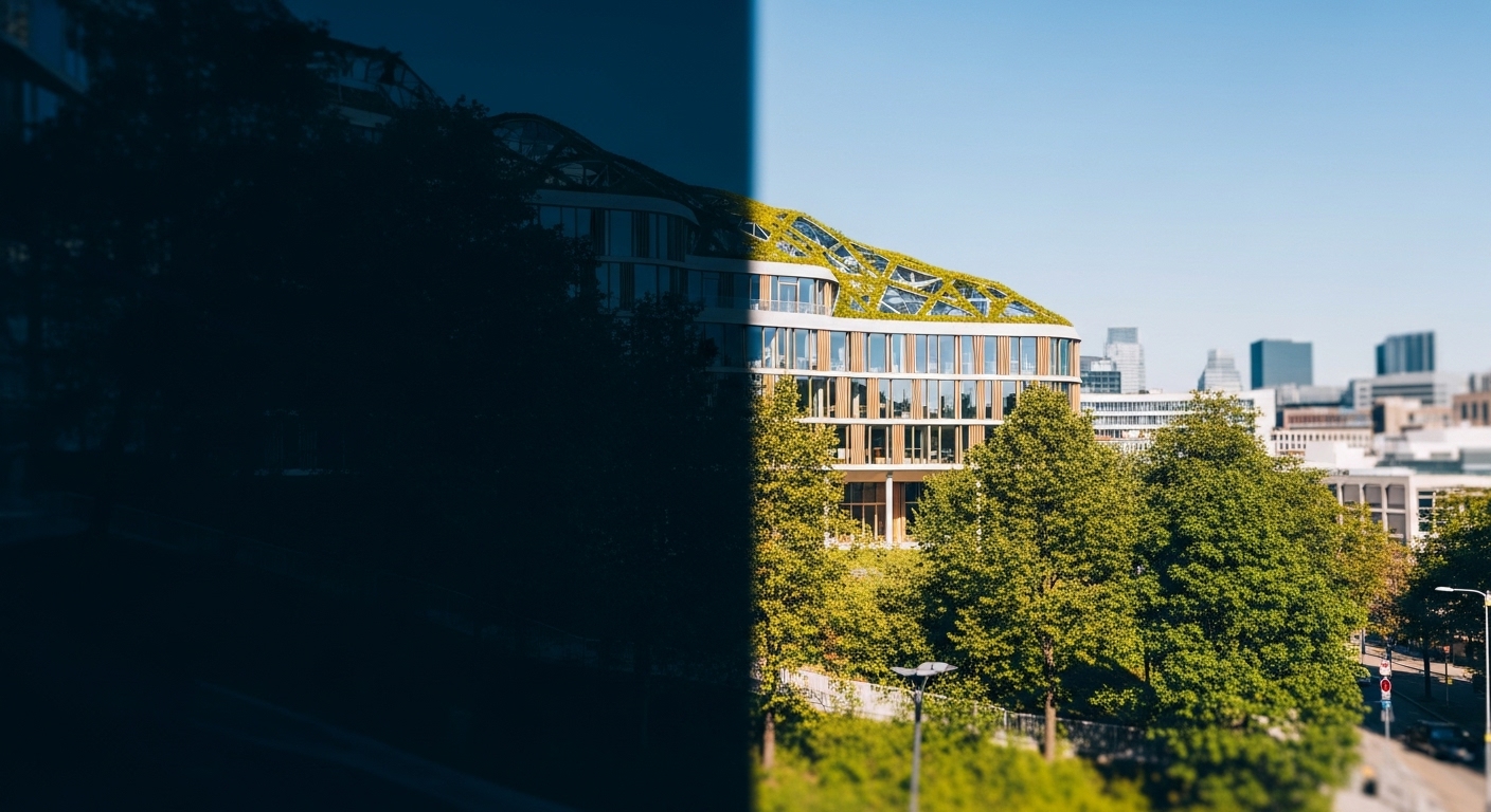 Man standing in modern building discussing passive house energy efficiency design