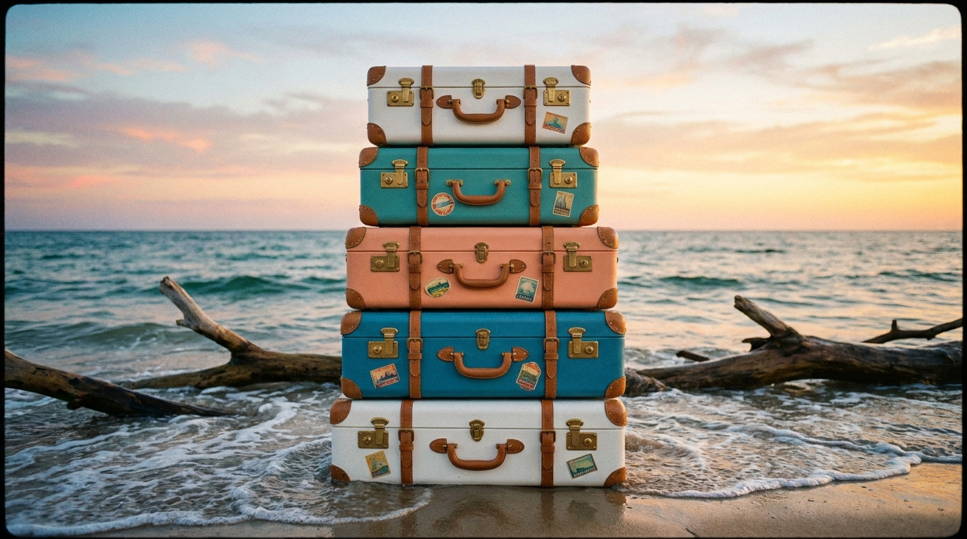 Stacked vintage luggage on the beach at sunset