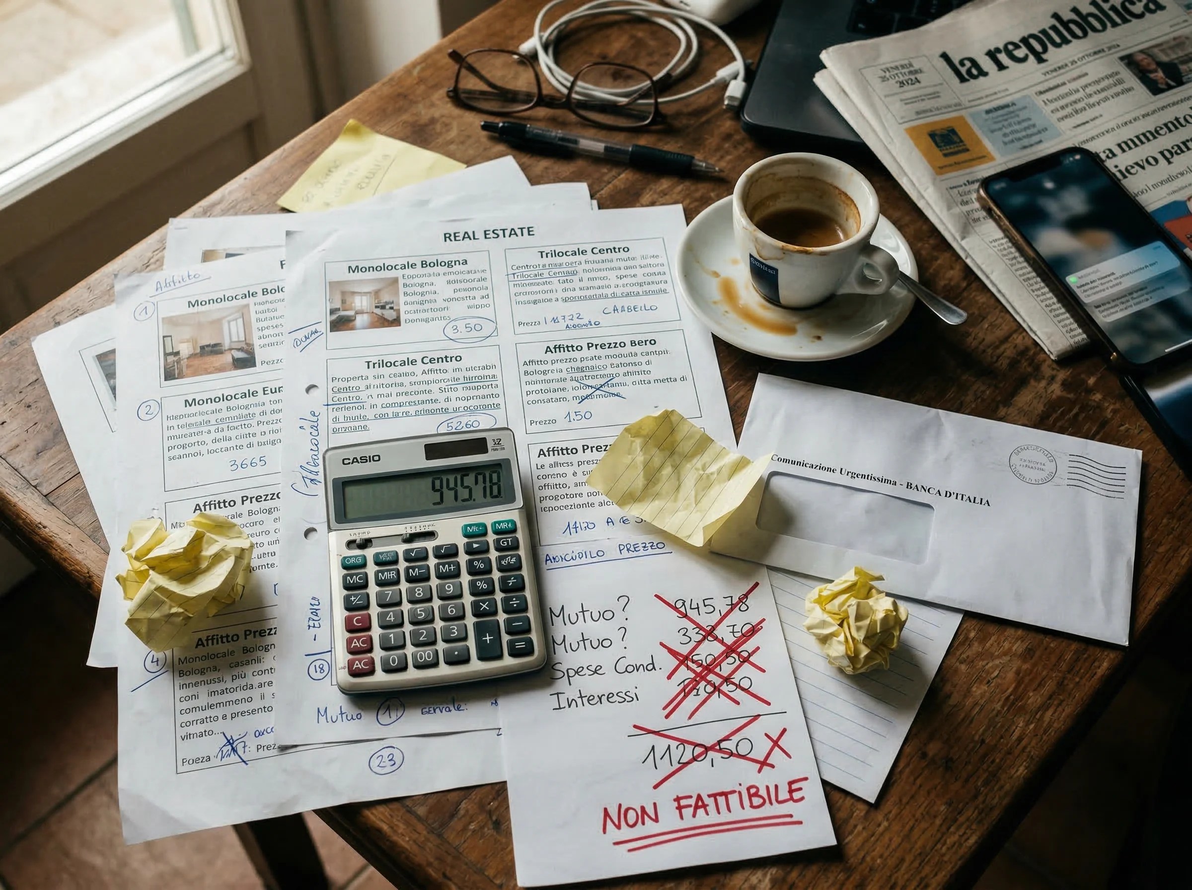 Scrivania disordinata con annunci immobiliari