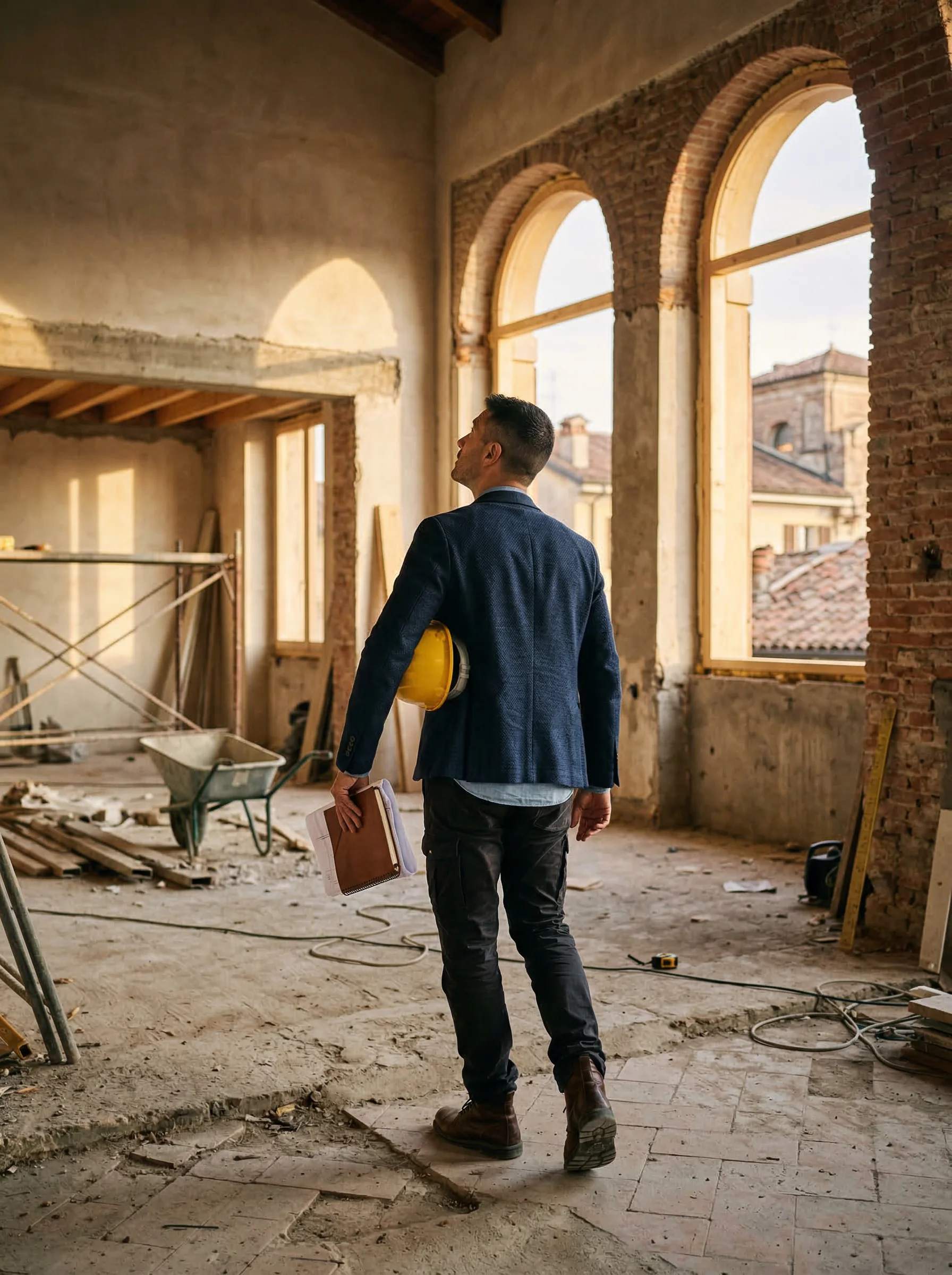 Professionista in un cantiere che guarda verso il futuro
