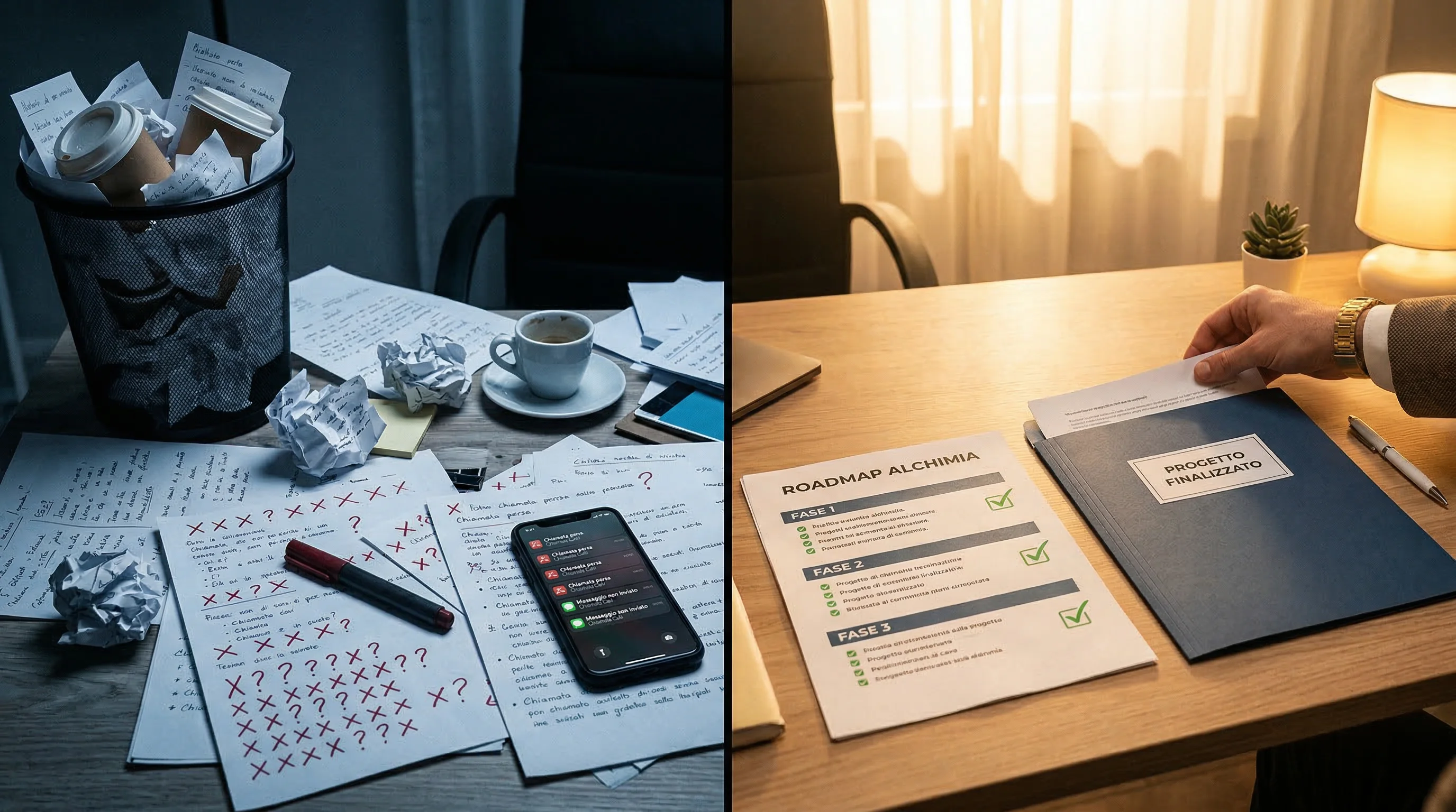 Confronto tra caos e ordine nella scrivania di un investitore