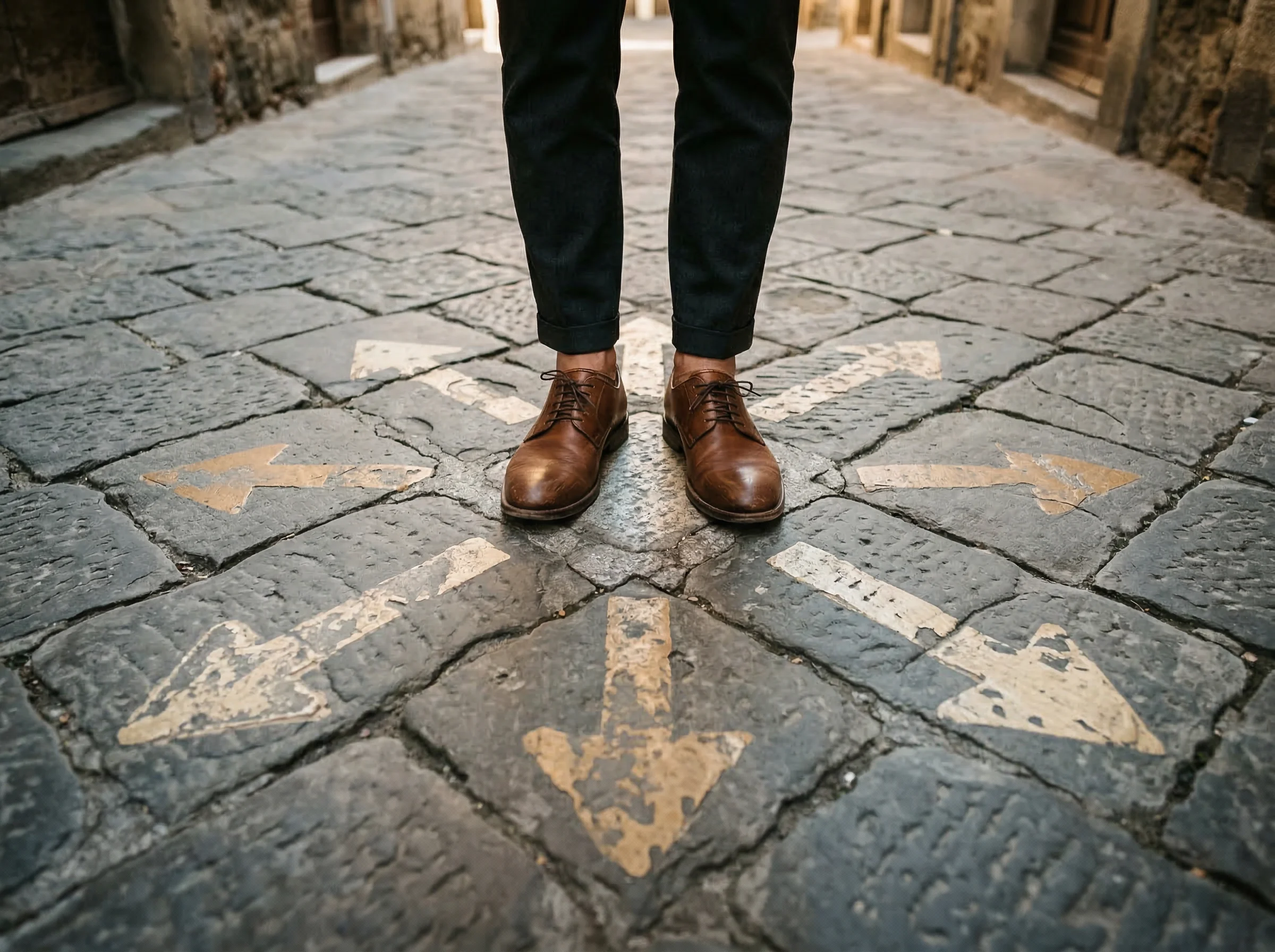 Piedi fermi su un bivio di frecce