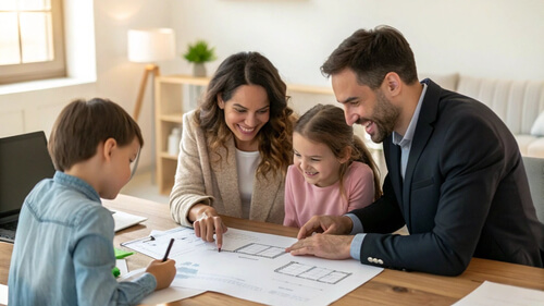 Family consulting with a construction loan specialist reviewing blueprints and financial documents