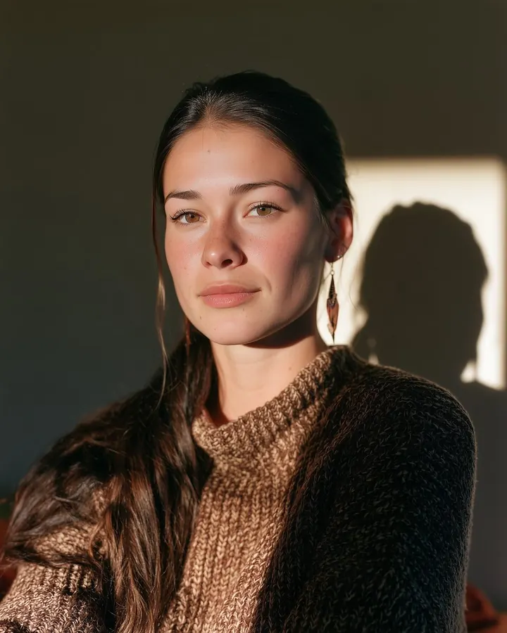 A young woman in a knit sweater, in late afternoon light