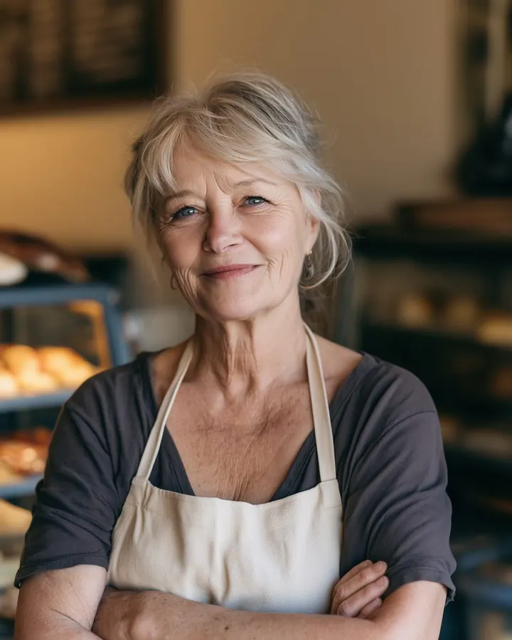 A café owner in an apron, arms crossed, smiling at her counter