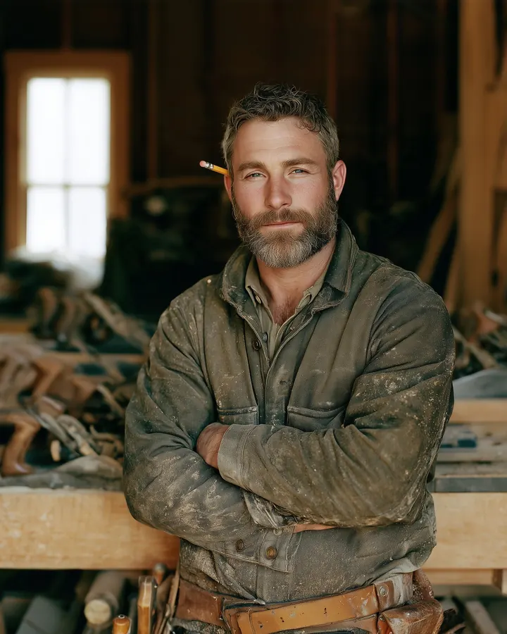 A carpenter in a dusty canvas work jacket, in his wood shop