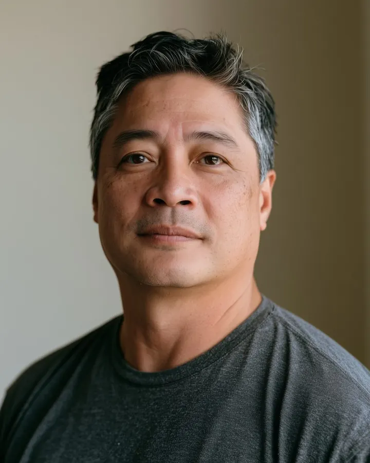 A massage therapist in a grey T-shirt, in soft daylight