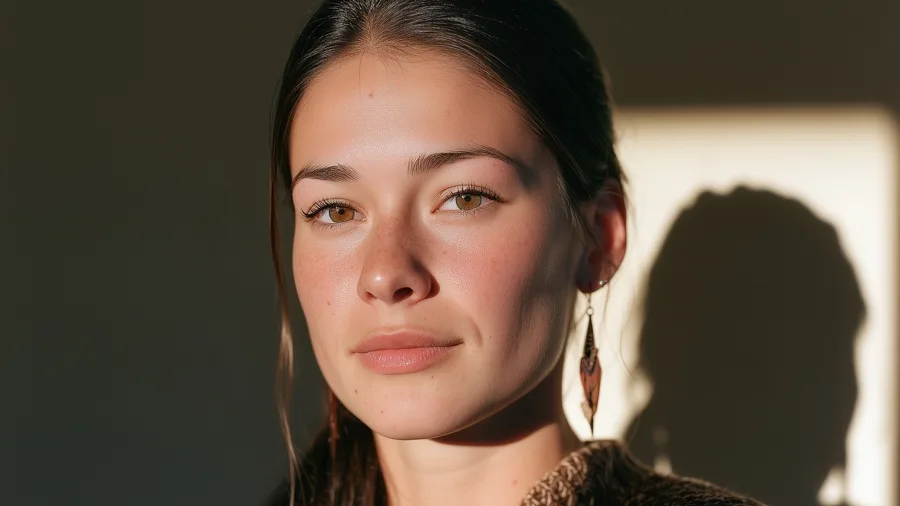 A young woman in a knit sweater, in late afternoon light