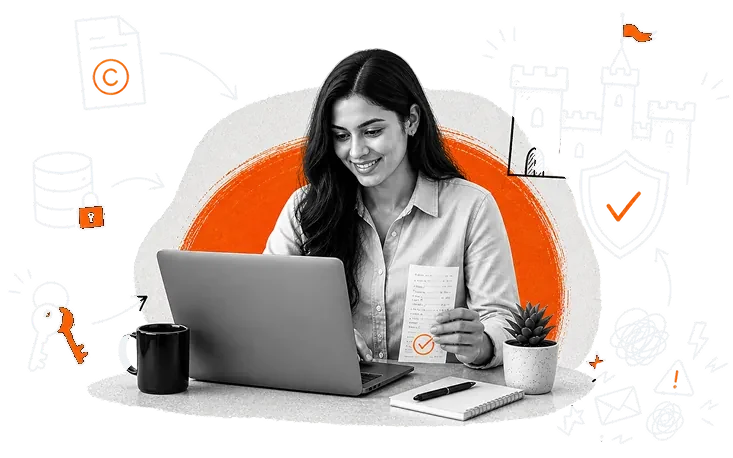 Collage of a smiling woman at a laptop, with hand-drawn orange doodles of keys, a padlock, a shield and a castle.