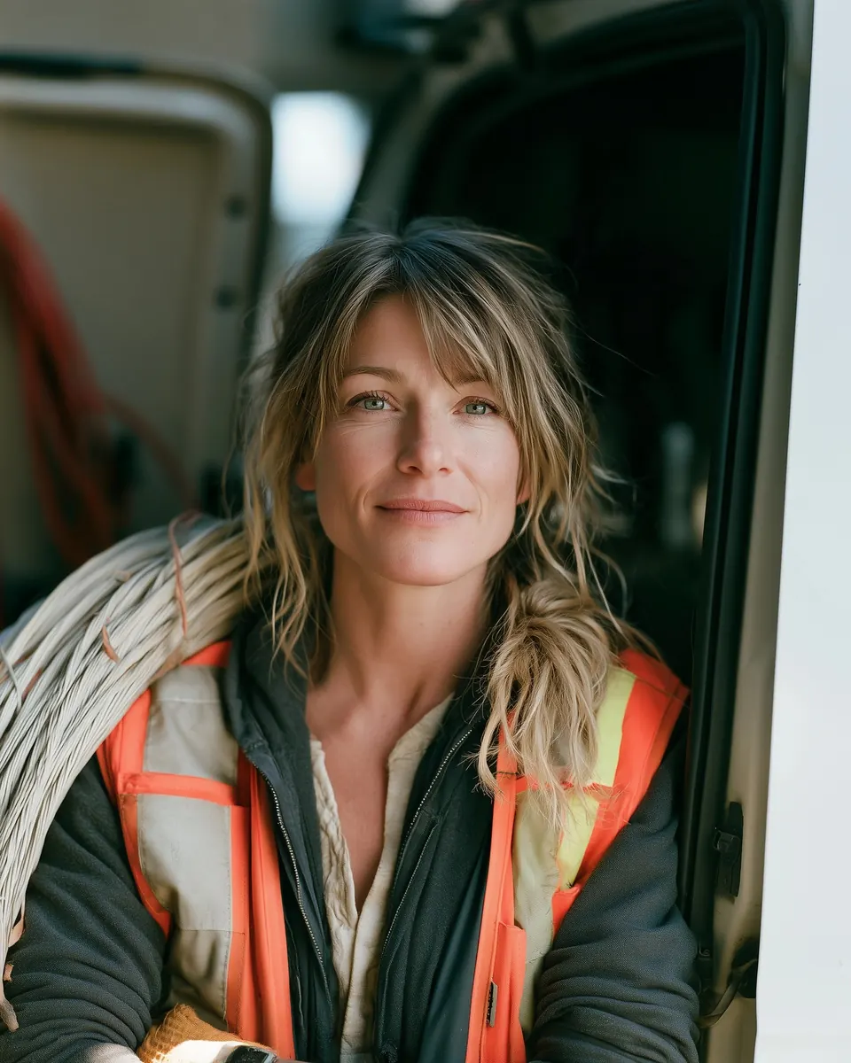An electrician in a hi-vis vest with coiled wire over her shoulder, at her open van