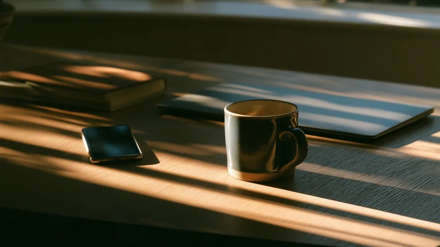 A phone, a laptop and a mug of coffee on a desk in late afternoon light